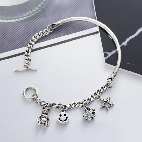 *925 Sterling Silver Toggle Chain Charm Bracelet - Picture 3 of 5